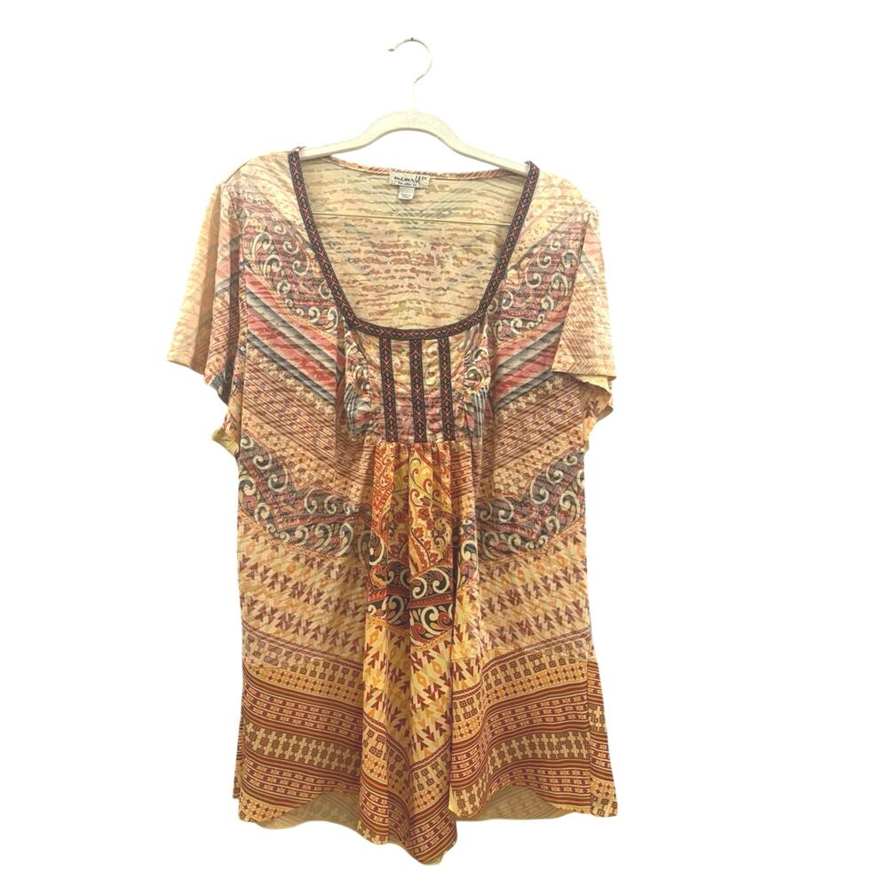 One World Yellow Paisley-Print Boho Scoop Neck Top size 2X